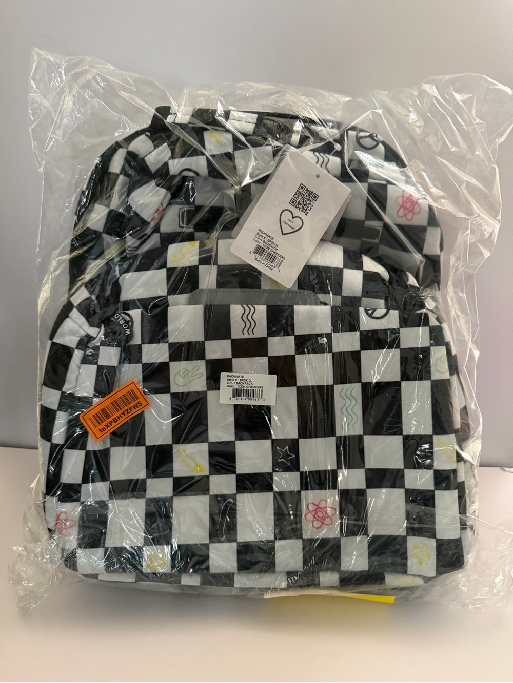 Checkerboard Pattern Backpack with Multicolor Icons - Picture 4 of 9